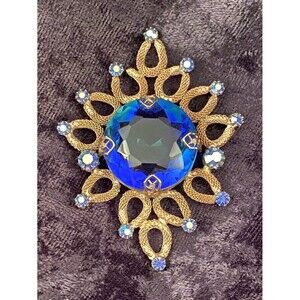 Vintage Gold Tone Brooch Large Blue Center Rhinestone Pin Iridescent Gemstones